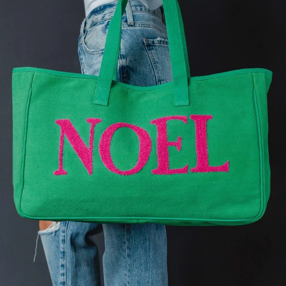 Green Tote Bag with Pink Noel Text